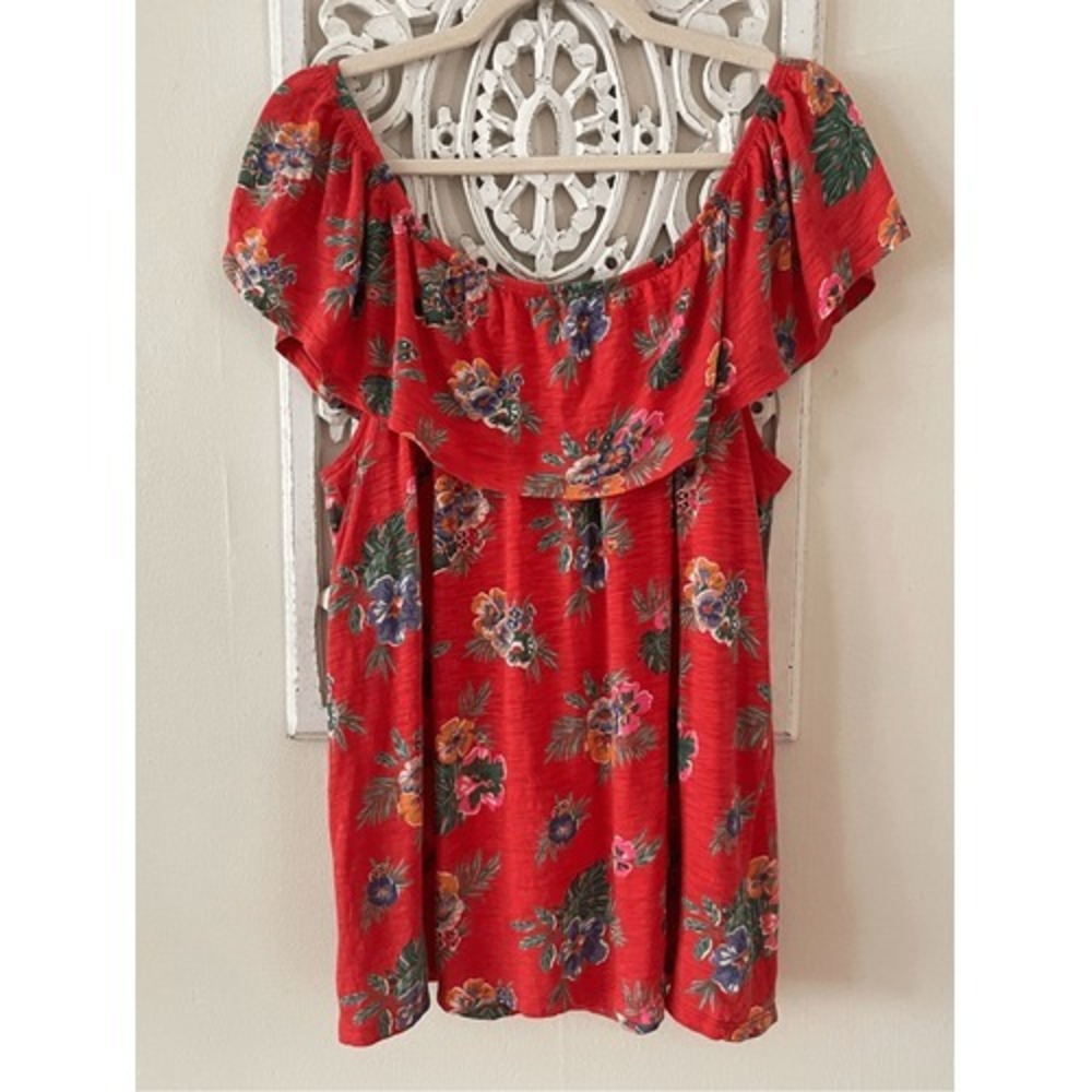 B4 Old Navy Floral Off Shoulder Top Womens Large Red Excellent Tropical Ruffle
